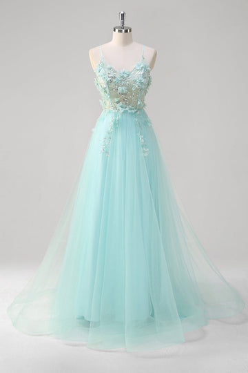 Grön A Line Spaghetti Remmar Paljett Tyll Balklänning Med 3D Blommor